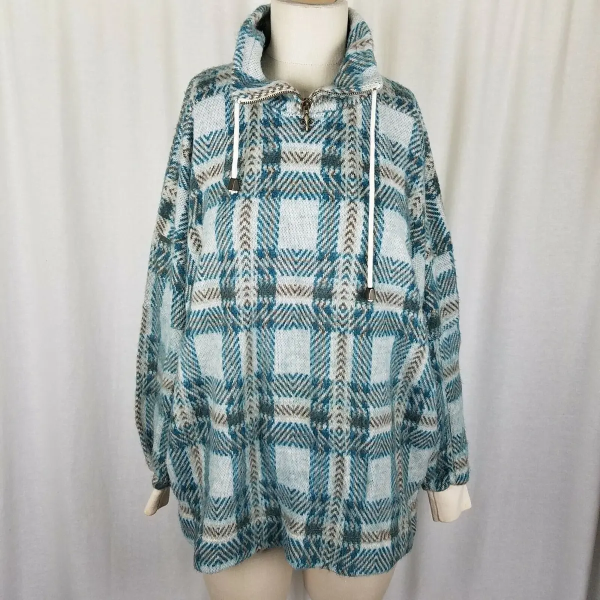 Express French Country Fuzzy Fleece Plaid Pullover 1/4 Zip Up Jacket Womens L 1