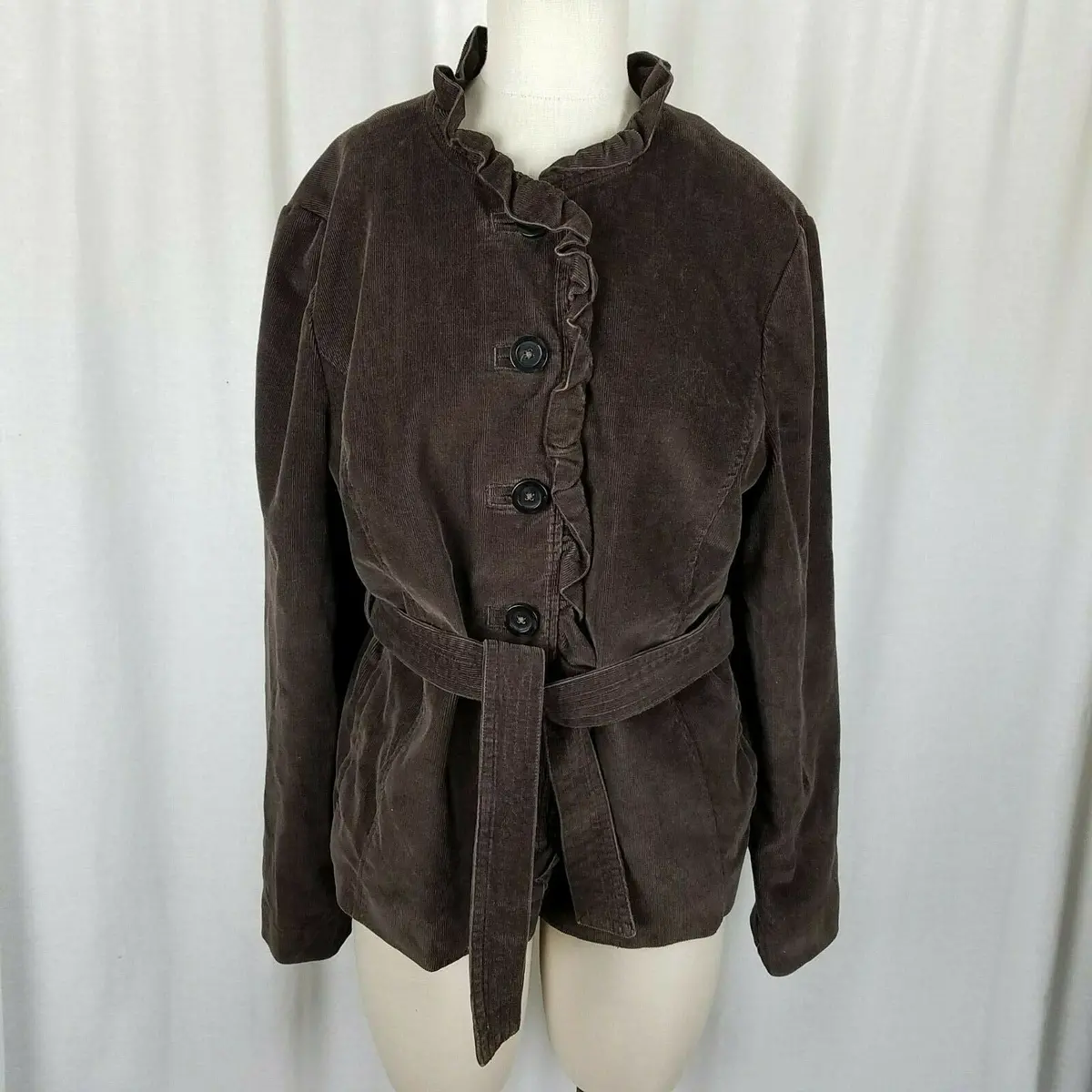 Ll Bean Belted Tie Sash Ruffled Corduroy Blazer Jacket Womens 14 Chocolate Brown 1