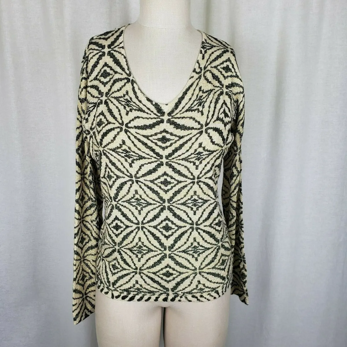 Pierri New York Gold Glitter Metallic Knit Sweater Top Diamond Print Womens M L 1