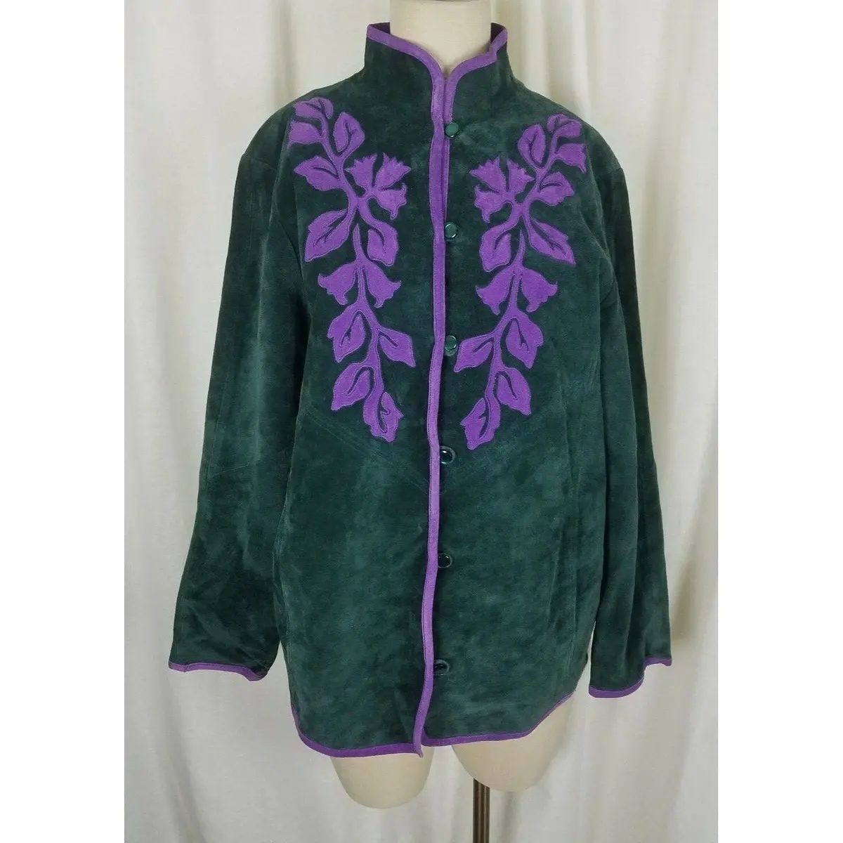 Vintage Linea Louis Dell'olio Green Suede Leather Floral Vines Jacket Womens M 1