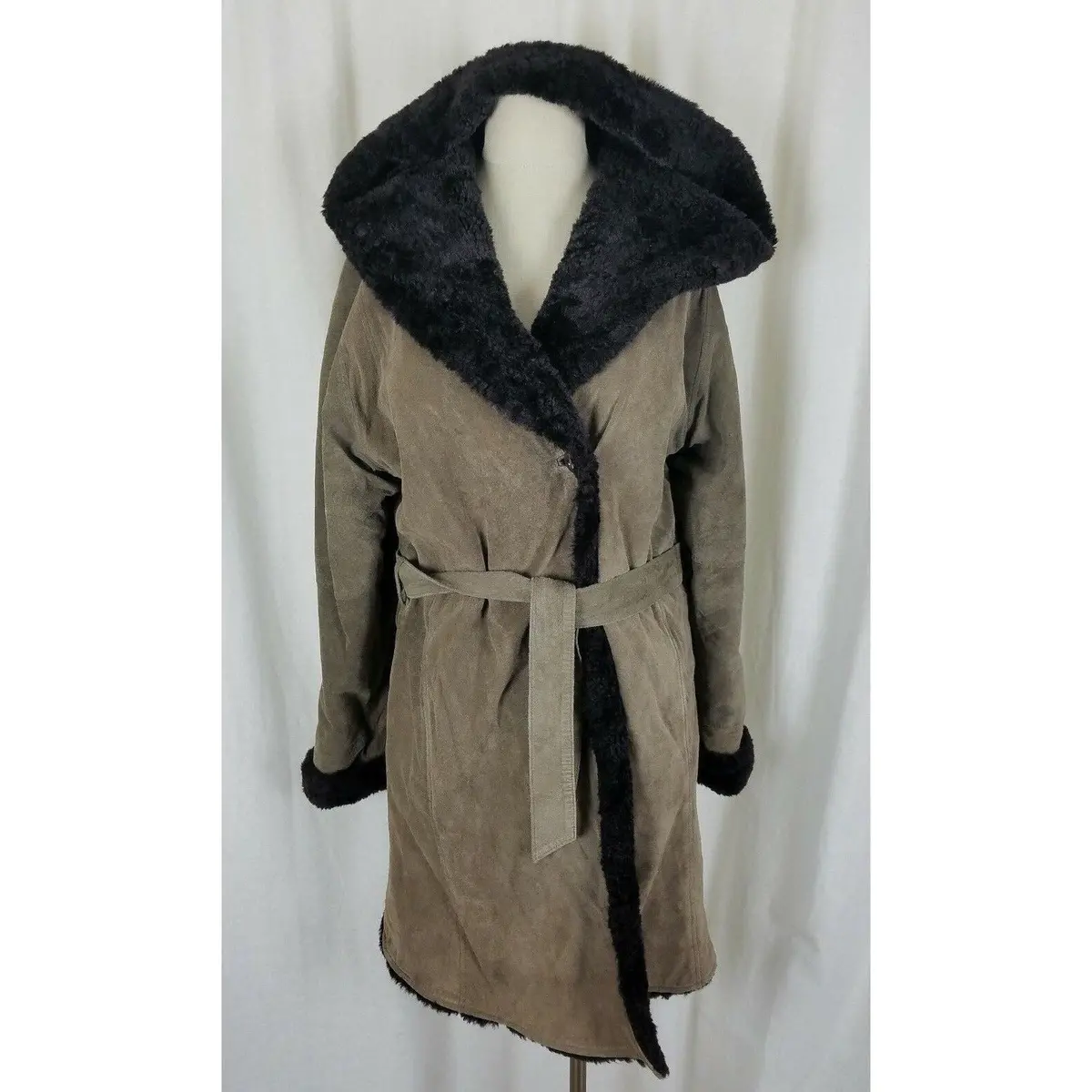 Vintage Suede Leather Deep Pile Faux Fur Lined Belted Hooded Wrap Coat Womens L 1