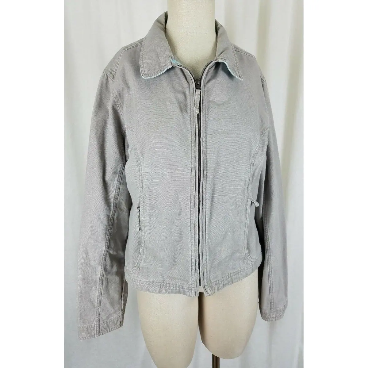 Ll Bean Sunwashed Gray Canvas Zip Up Short Barn Coat Denim Jean Jacket Womens L 1
