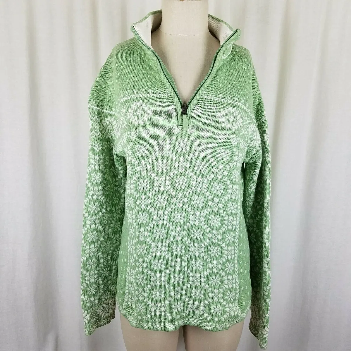 Ll Bean Nordic Fair Isle Knit Henley Sweater Birdseye Womens M Funnel Neck Zip 1
