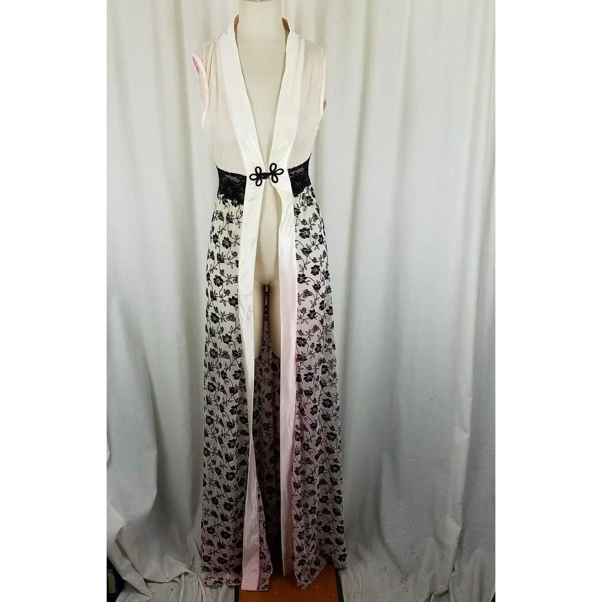 Vintage Silk Lace Kimono Wrap Maxi Robe Asian Womens S Sexy Frog Closure Ombre 1