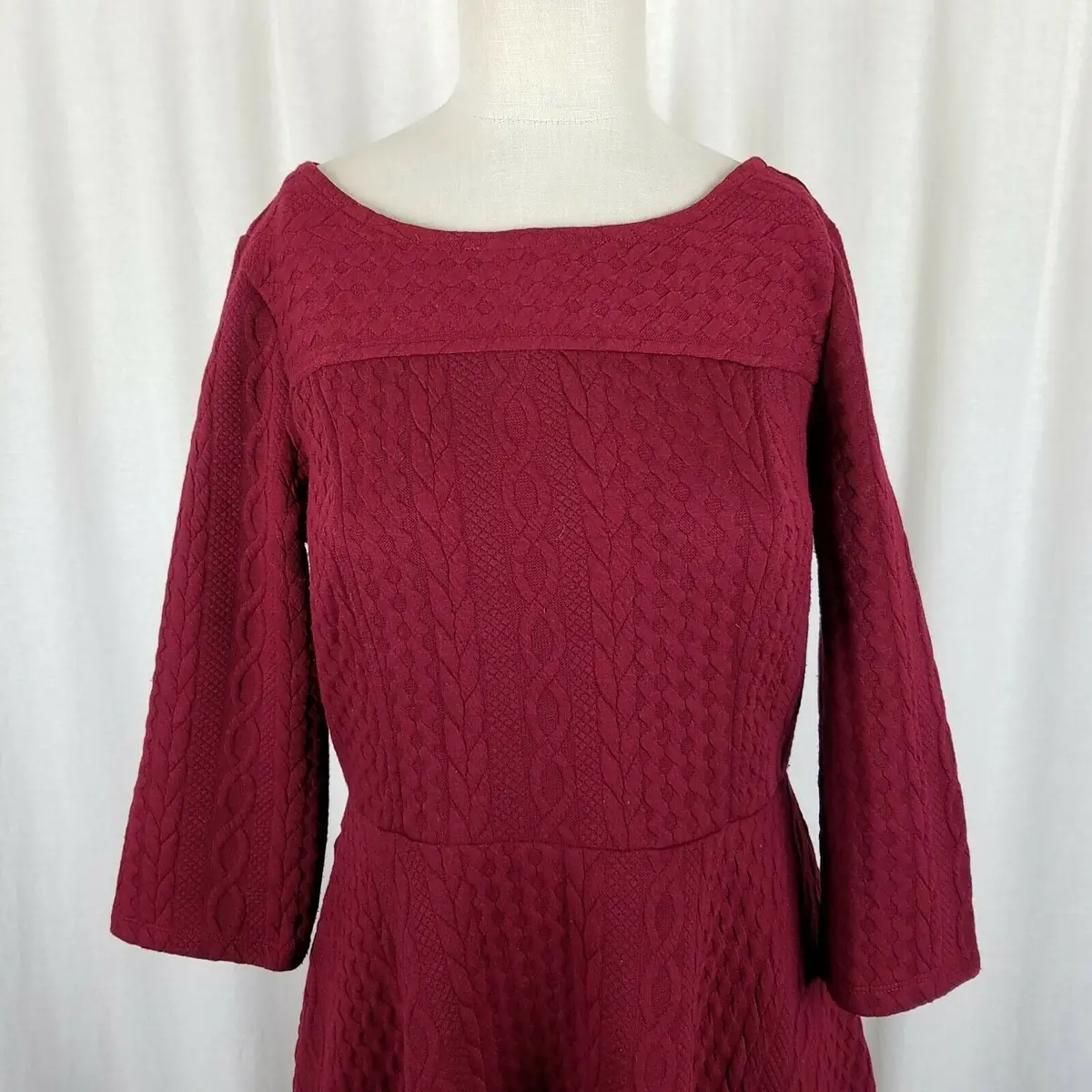 Modcloth Cable Jersey Knit Fit & Flare Twirl Dress Womens L Red Stretch Scoop 2