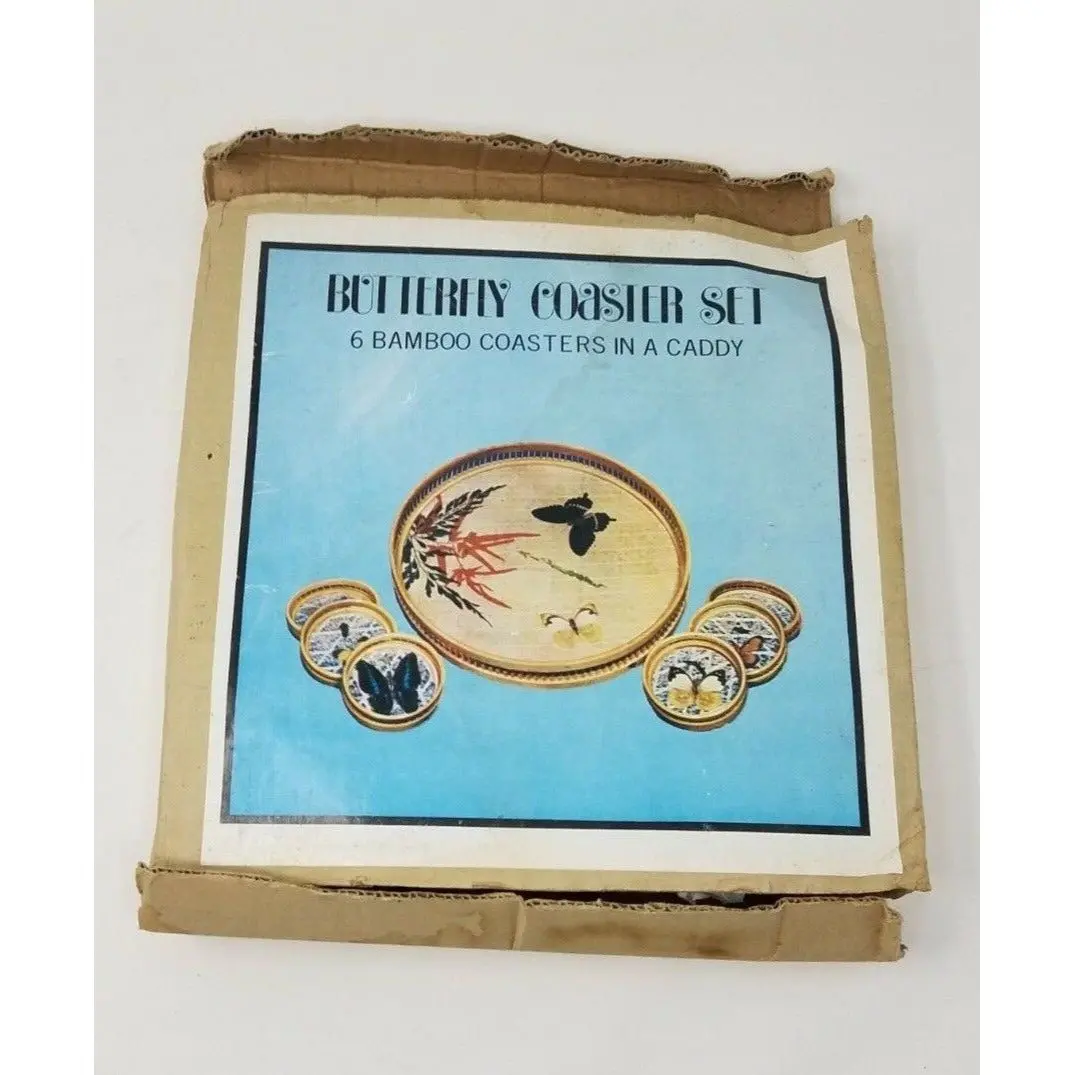 Vintage Bamboo Butterfly Coaster Set Layered Art Iced Tea Cocktail Tray Tiki Bar 1