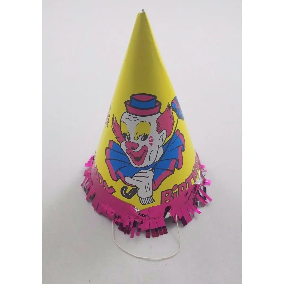 Vintage Circus Clown Happy Birthday Party Paper Cone Hat Yellow Bozo Pink Fringe 1