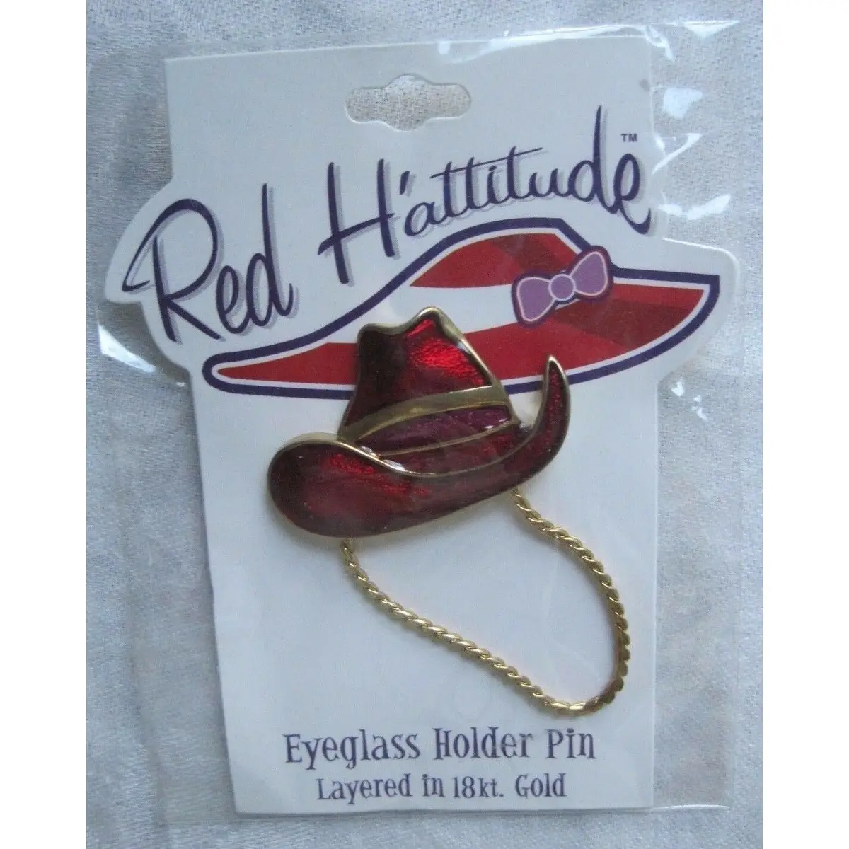 Red Hattitude Hat Society Eyeglass Holder Pin Brooch 18 Kt Gold Finish Cowboy 1