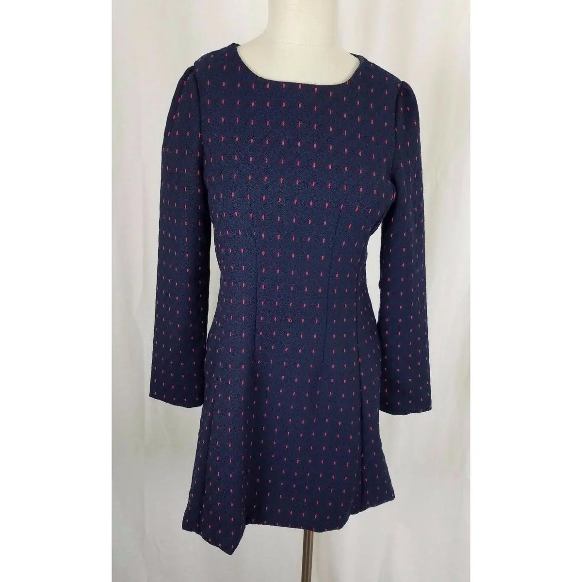 Nwt Xian Dong Polka Dotted Woven Brocade Dress Womens S Korea Fit & Flare Navy 1