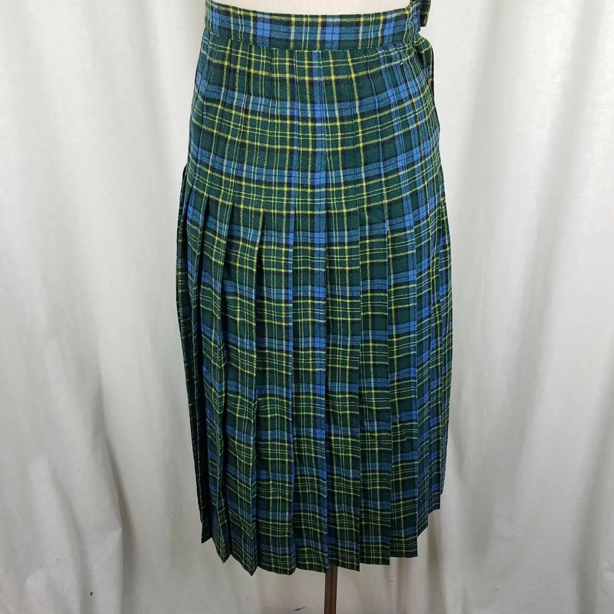 Vintage Crazy Horse Wool Tartan Plaid Pleated Long Midi Skirt Womens 5/6 Green 1