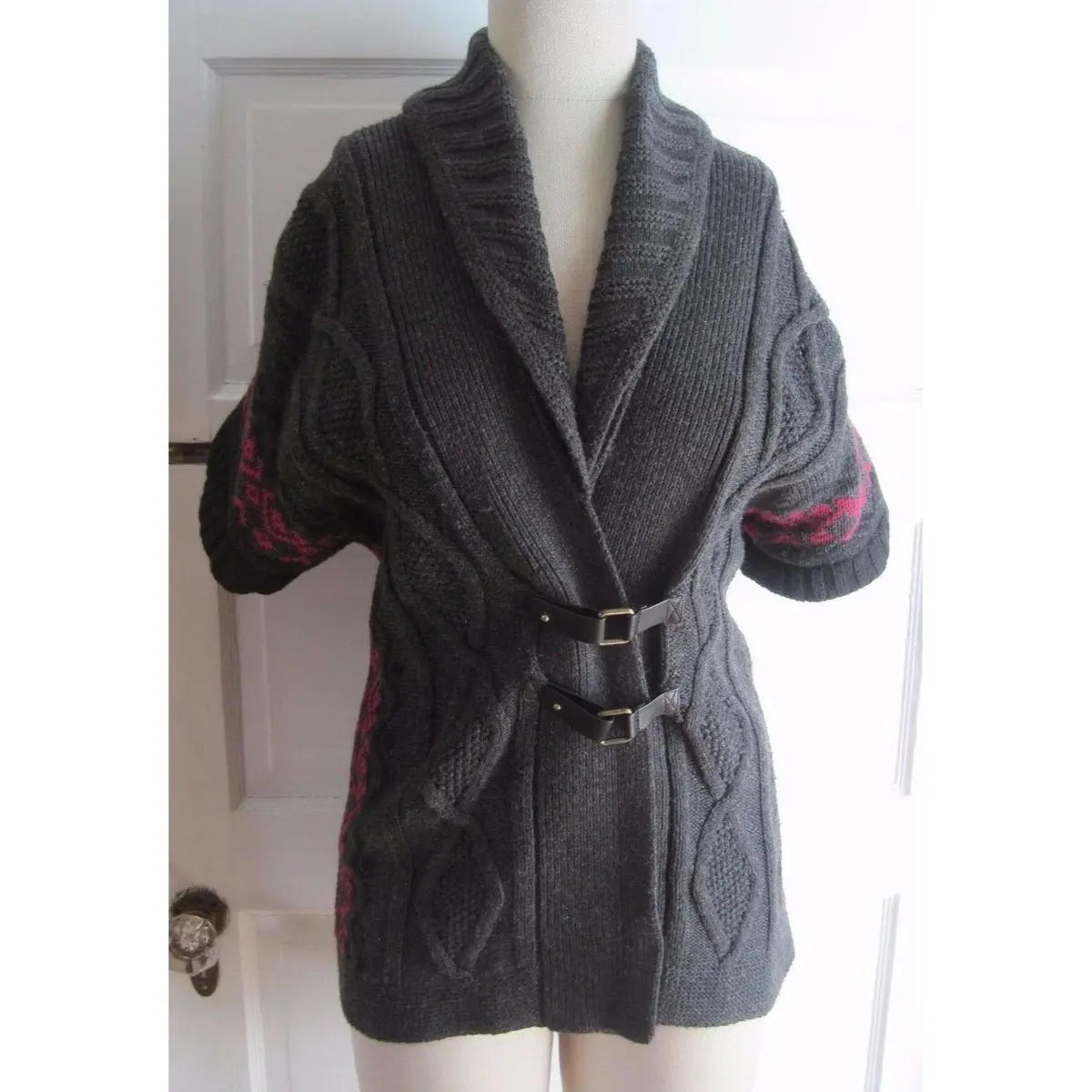 Tommy Hilfiger Buckle Nordic Cable Knit Shawl Collar Sweater Jacket Womens S 1