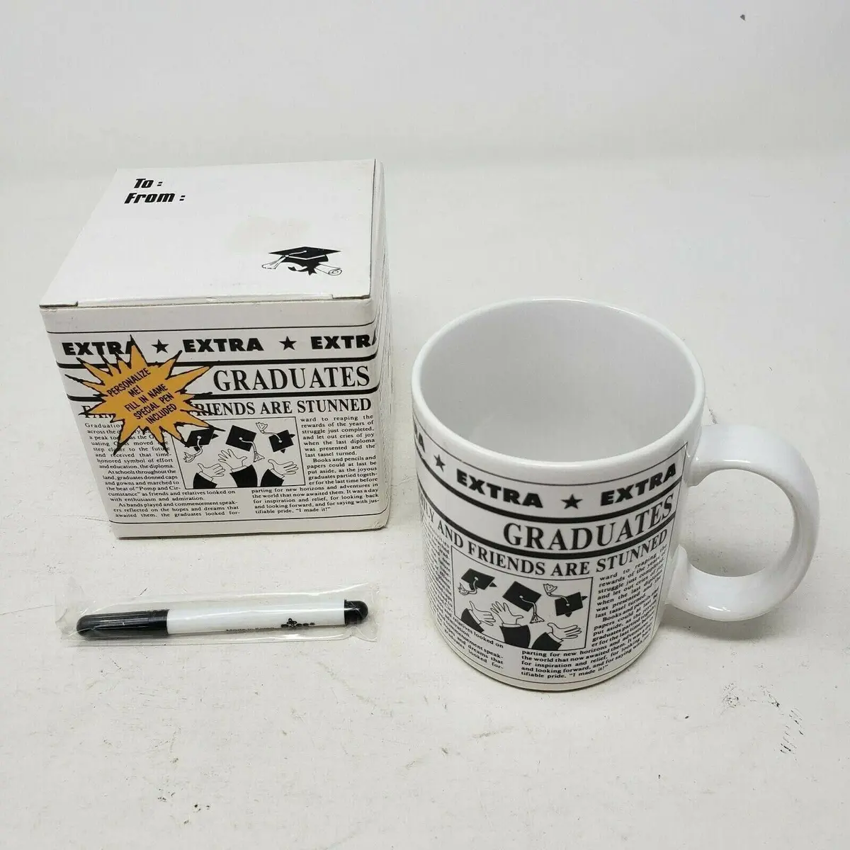 Vintage Russ Extra Graduates Coffee Mug Ceramic Cup Handle Korea Graduation Pen 1