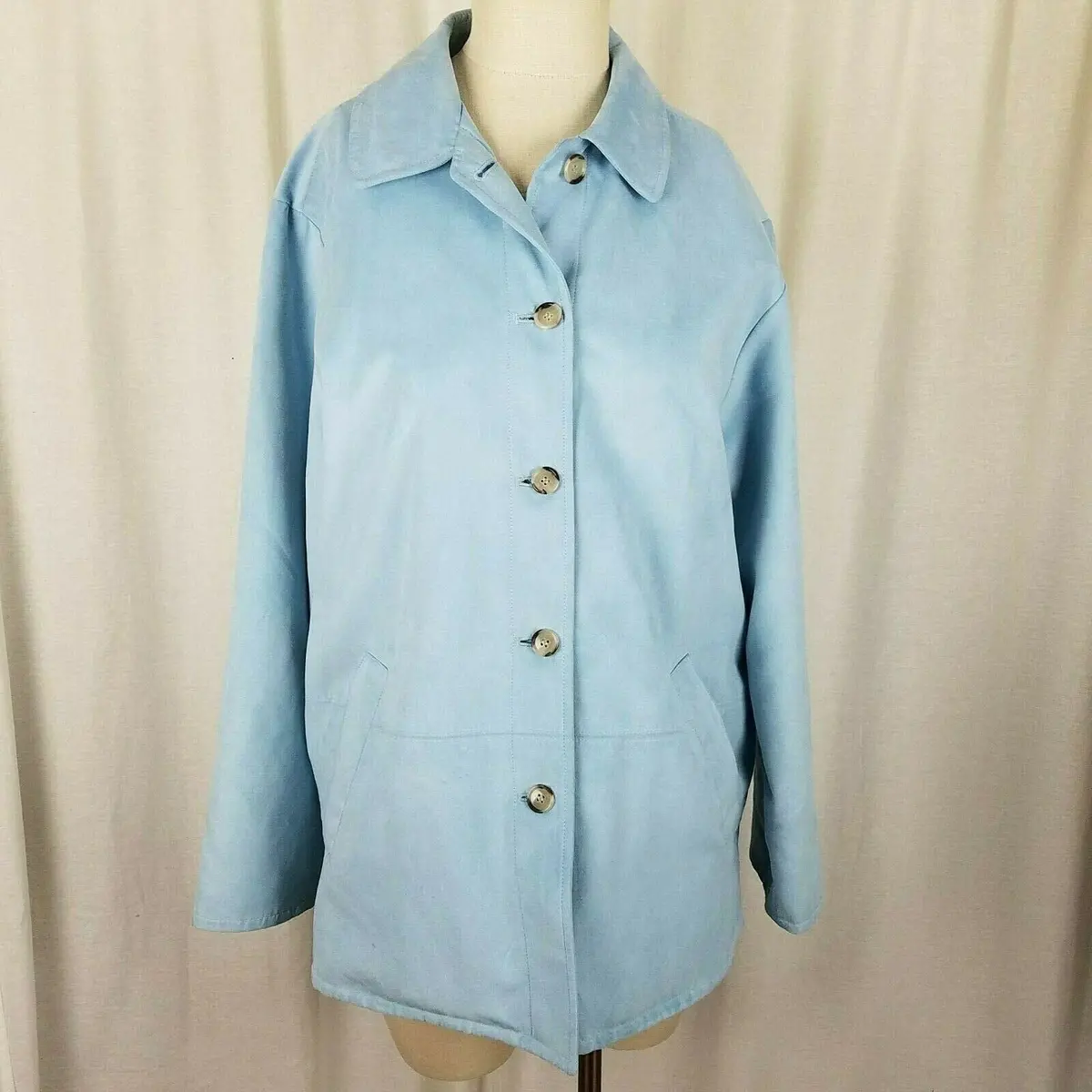 London Fog All Weather Suede Jacket Coat Womens M Powder Blue Faux Vegan Vintage 1