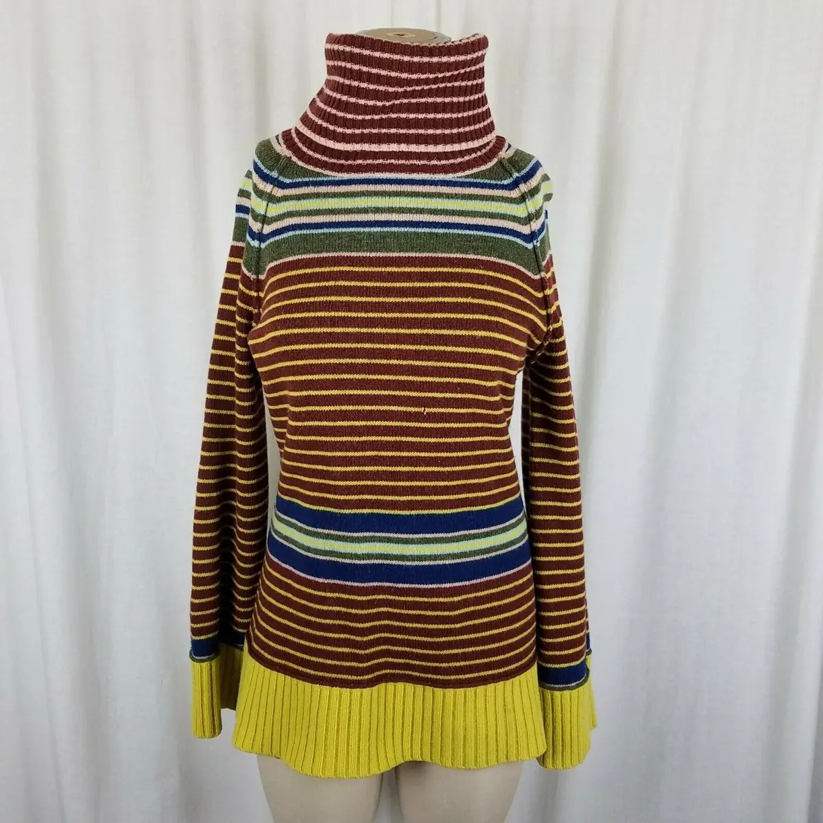 Ginka 100% Lambswool Horizontal Striped Turtleneck Sweater Womens M Retro 70S 1