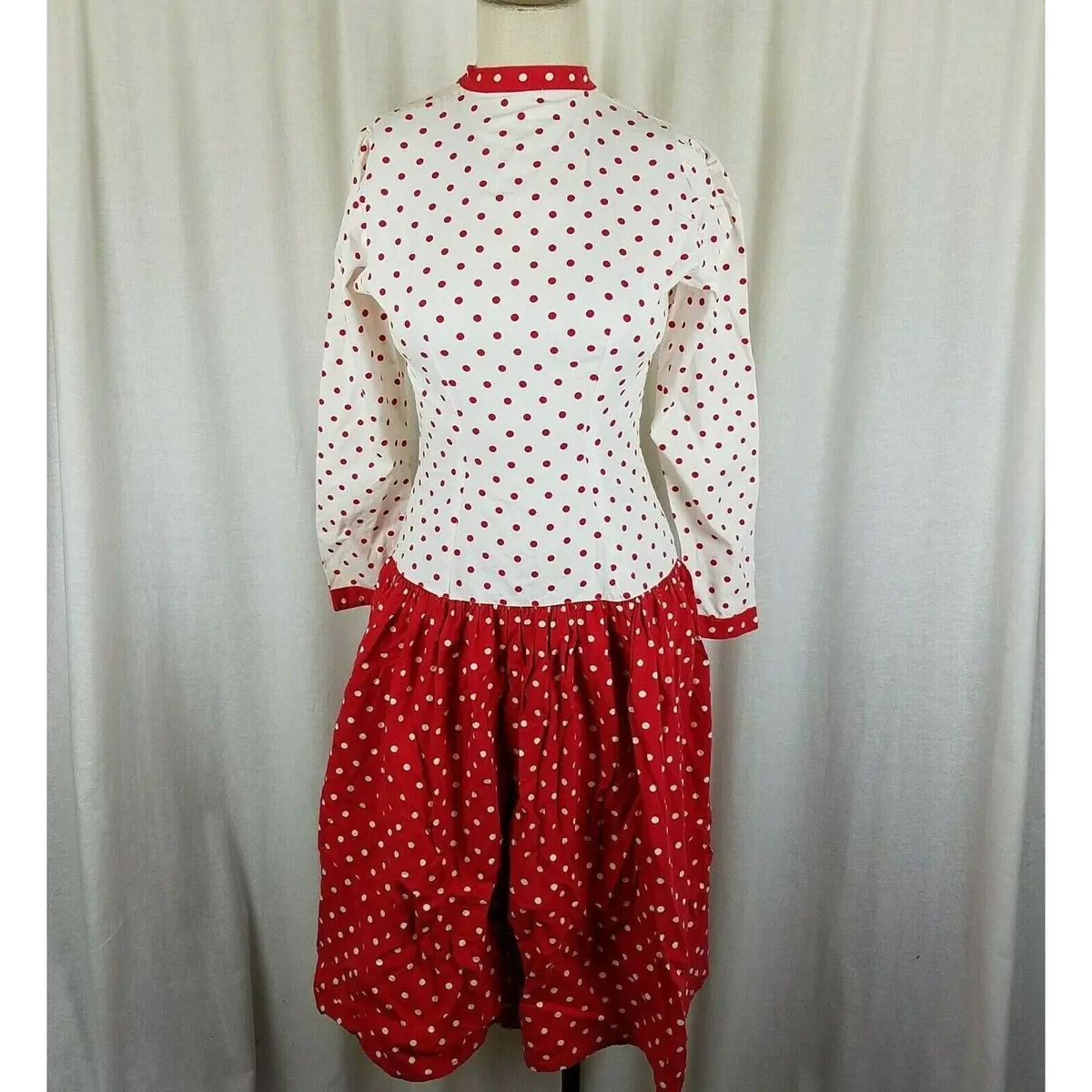 Vintage Handmade Red Polka Dots Dress Drop Waist Gathered Twirl Skirt Womens S 1