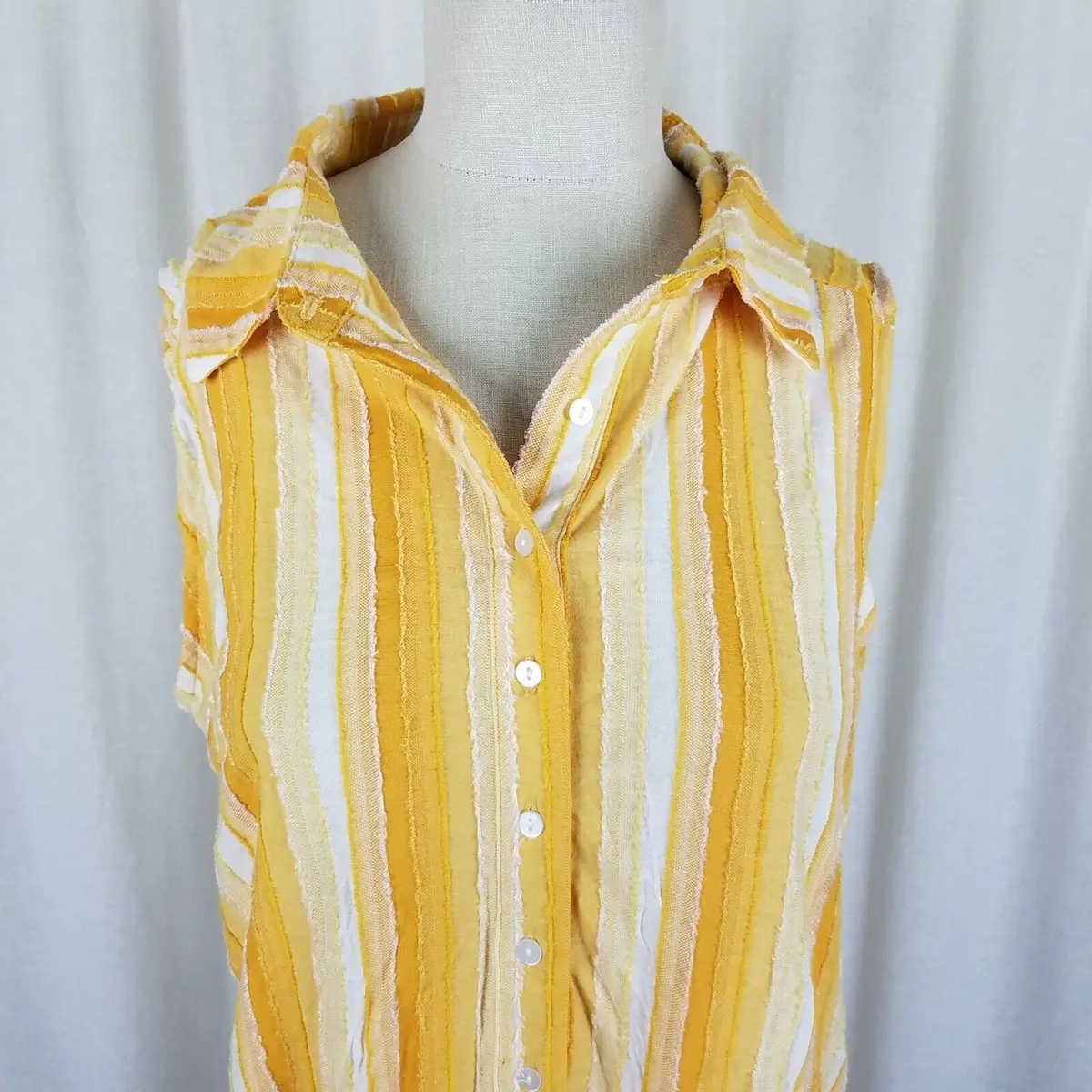 Rain Striped Sleeveless Button Up Tie Knot Waist Top Tunic Blouse Womens L White 2