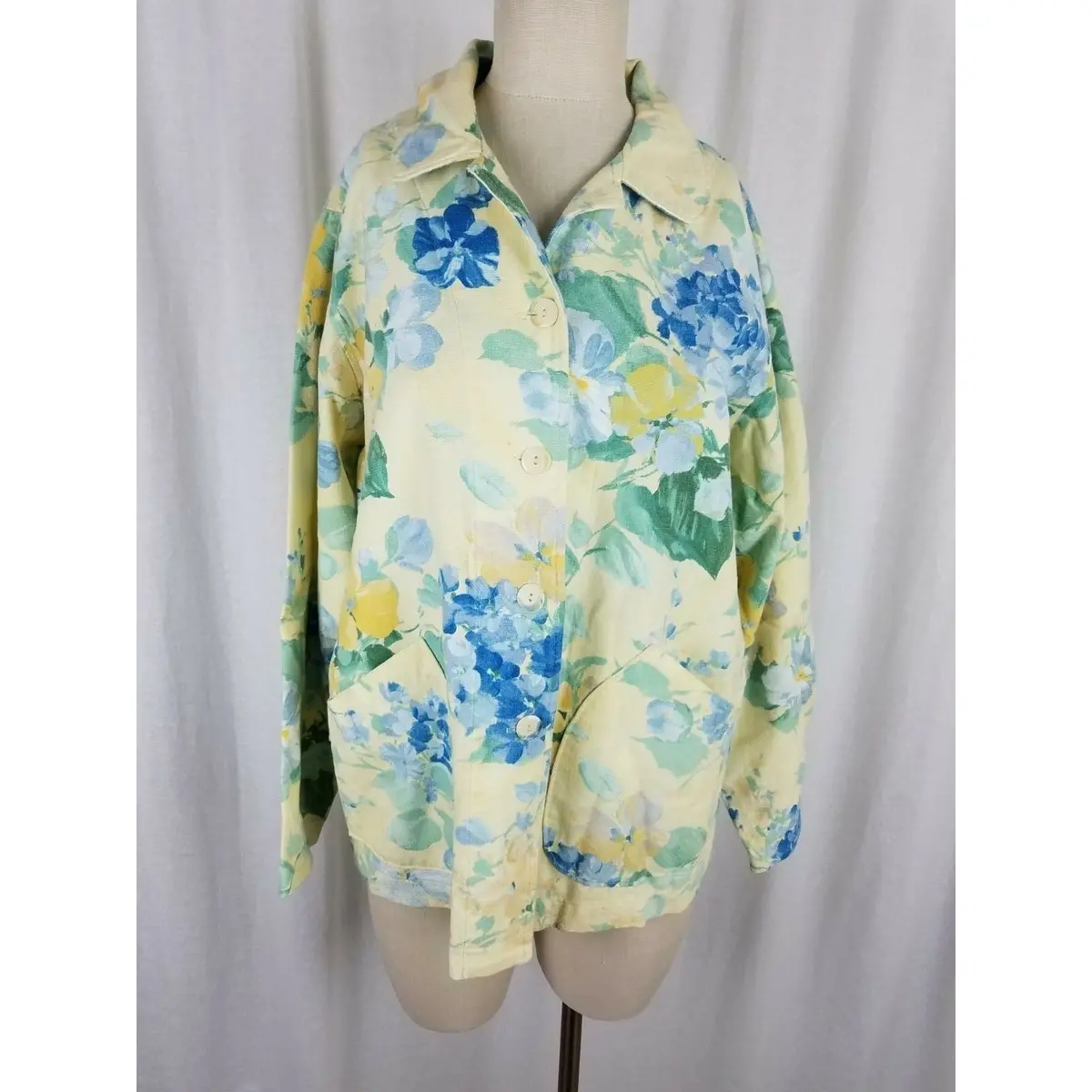 Orvis Yellow Floral Blue Flowers Art To Wear Jean Denim Shirt Jacket Womens S 1