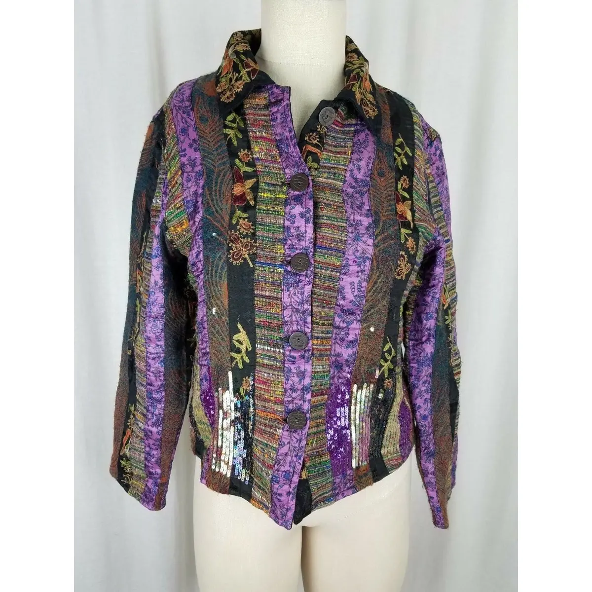 Coldwater Creek Boucle Tapestry Metallic Silk Wool Purple Jacket Womens Pxs 1