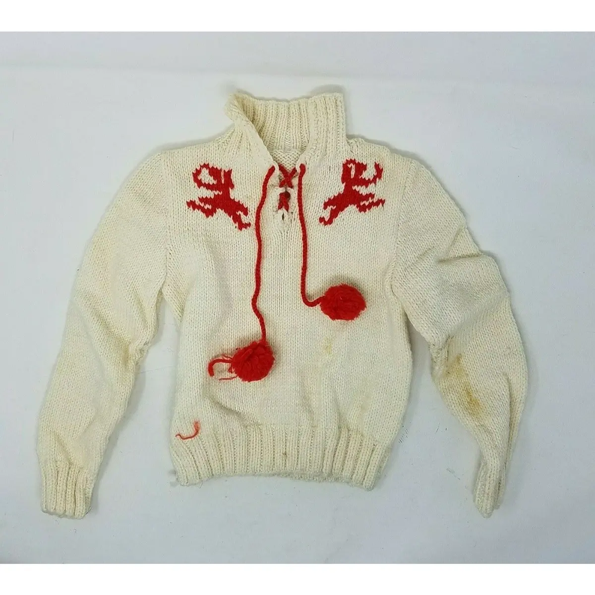 Vintage Handmade Cowichan Dancers Henley Knit Sweater Baby Boys Girls 12M Red 1