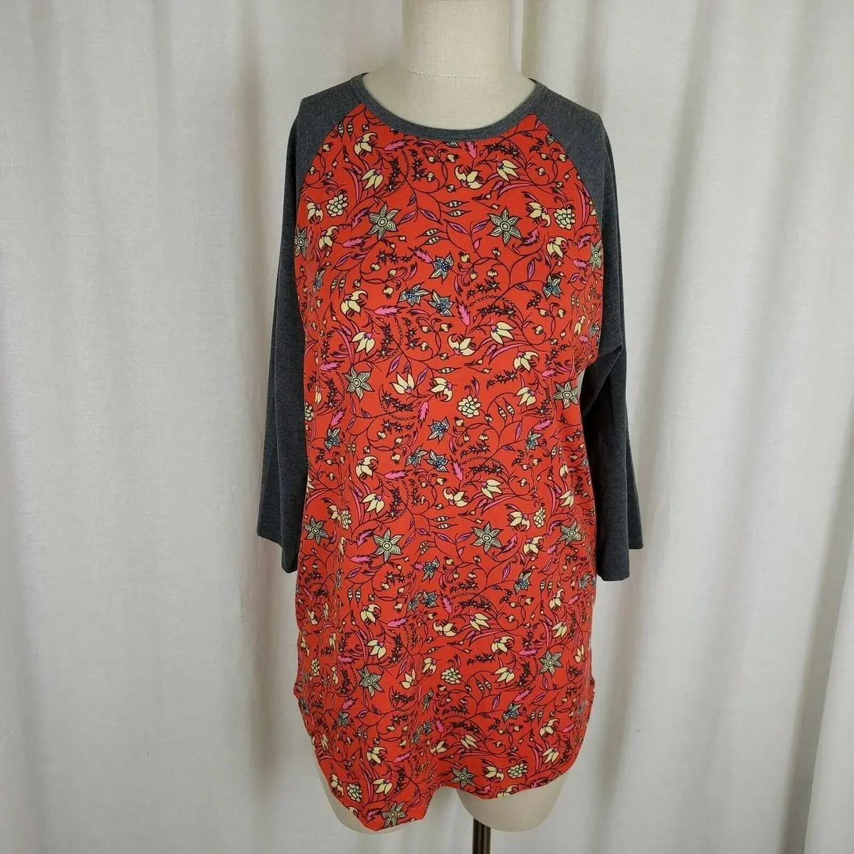 Lularoe Red Floral Randy Top Baseball Style T Shirt Stretch Jersey Knit Womens L 1