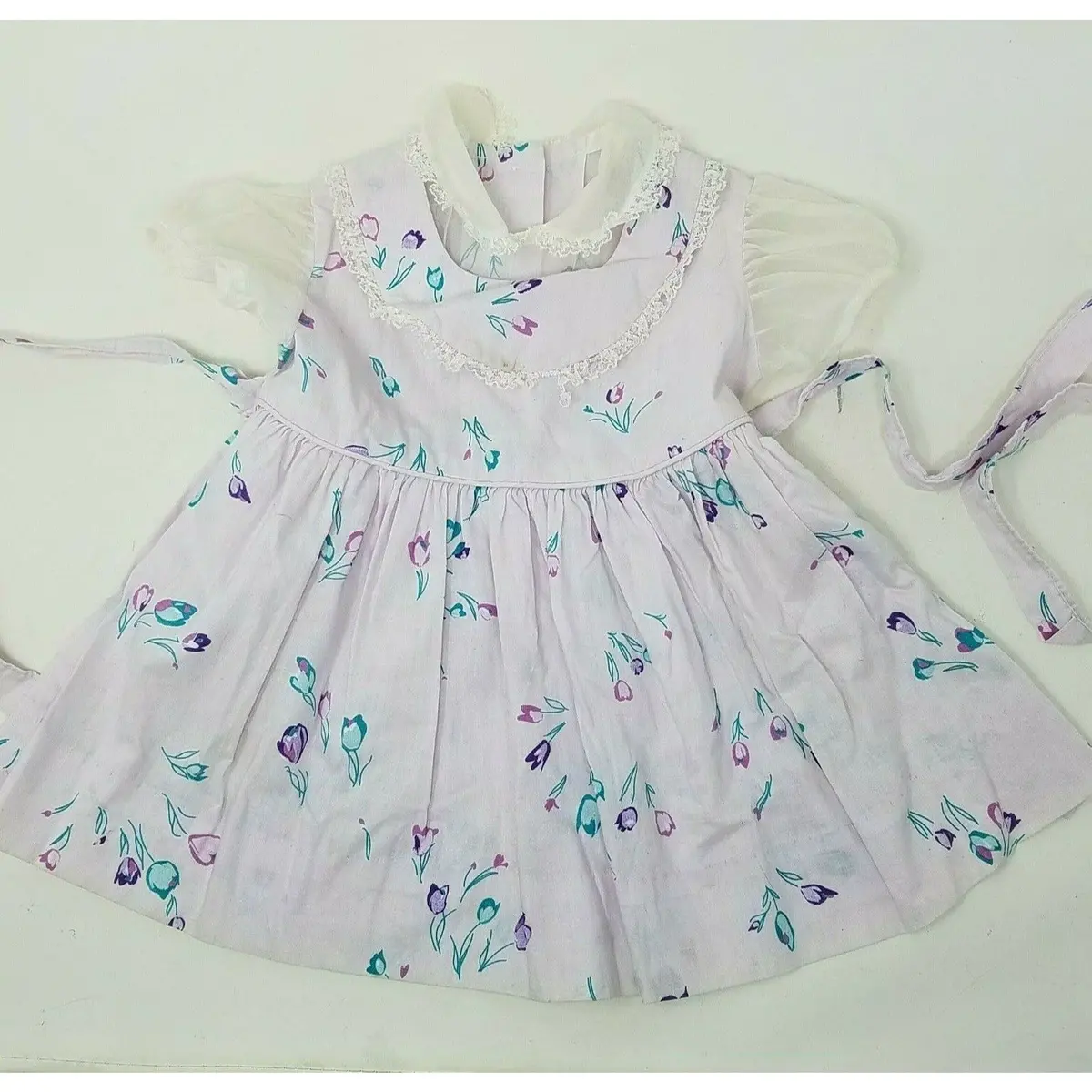 Vintage Purple Floral Victorian Prairie Style Sheer Twirl Tie Dress Girls 12 M 1