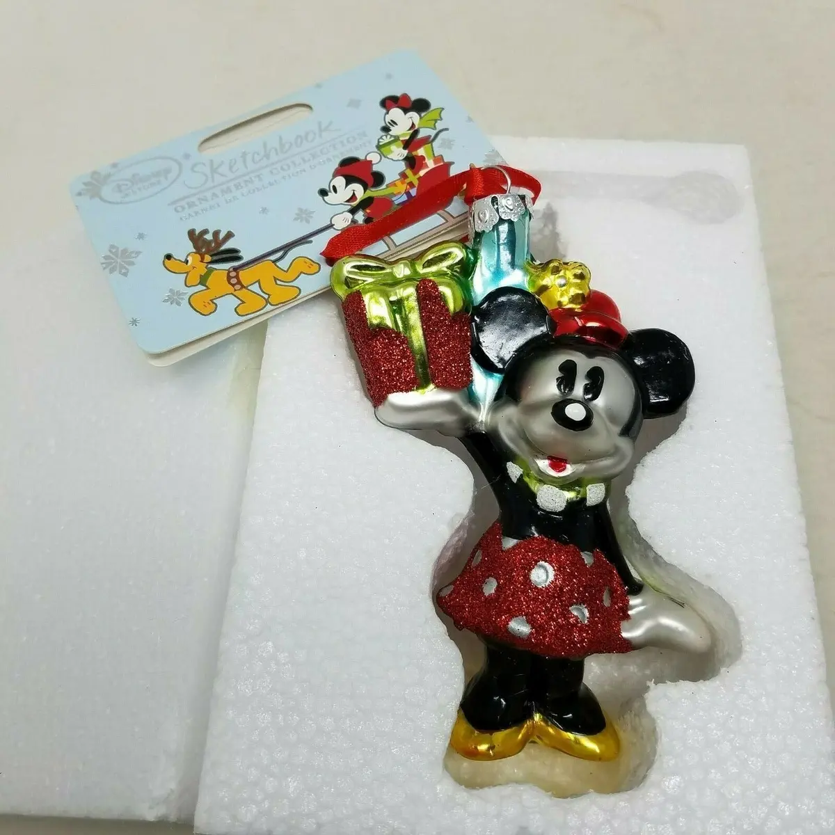 Disney Minnie Mouse Presents Blown Glass 2015 Christmas Sketchbook Ornament Gift 1