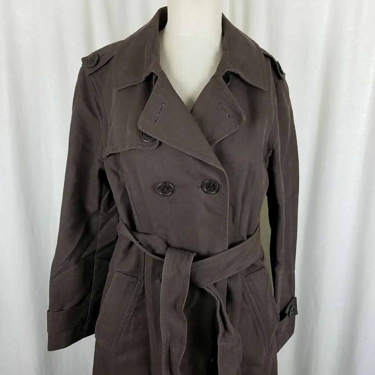 Gap Canvas Belted Tie Sash Midi Trench Coat Peacoat Womens L Chocolate Brown 1