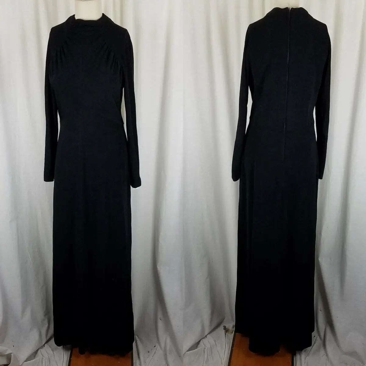 Vintage 70S Kiva Ltd Maxi Goddess House Dress Womens S M Black Gathered Ruched 1