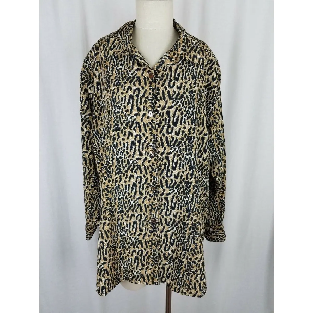 Style Exchange Satin Animal Leopard Cheetah Print Tunic Blouse Top Womens L 80S 1