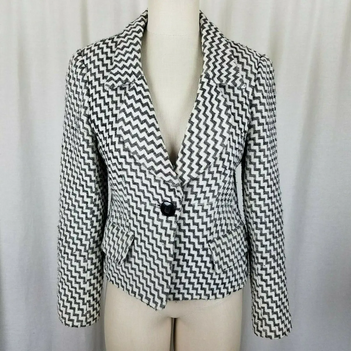 Z By Zelda Black & White Cropped Wool Chevron Striped Jacket Blazer Womens 6 Usa 1