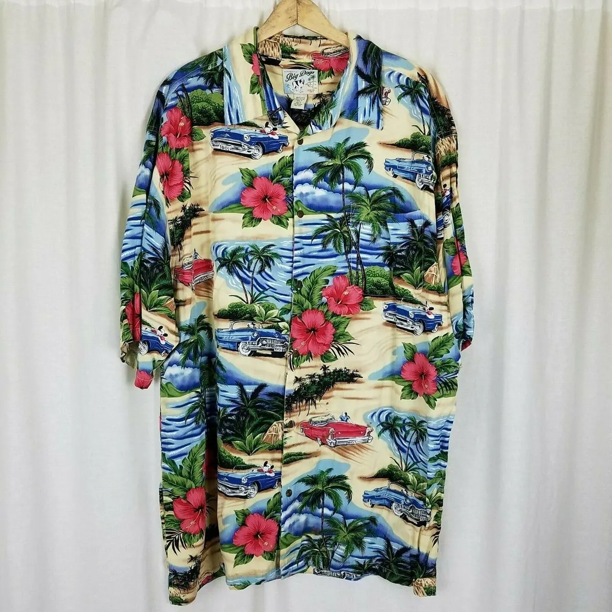 Vintage Big Dogs Hawaiian Camp Shirt 50S Convertible Cars Club Hibiscus Men 2Xlt 1