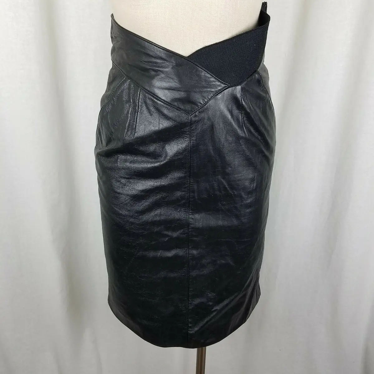 Wilsons Leather Fitted Sexy Black Pencil Skirt Womens 6 Stretch Waist Biker Knee 1