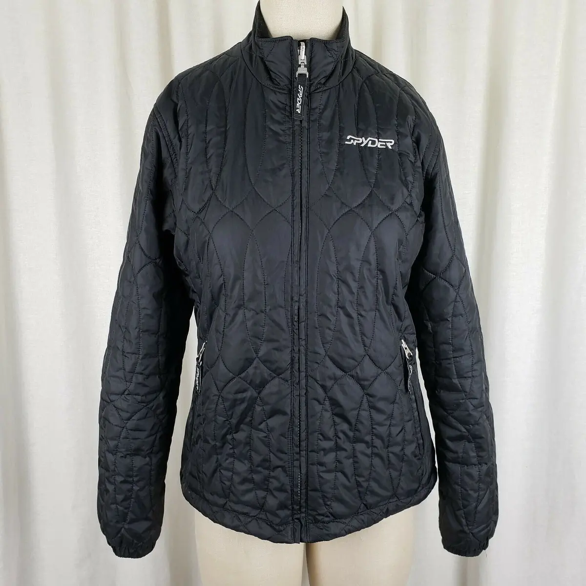 Spyder Black Quilted Embroidered Full Zip Up Anorak Jacket Womens 10 Lightweight 1