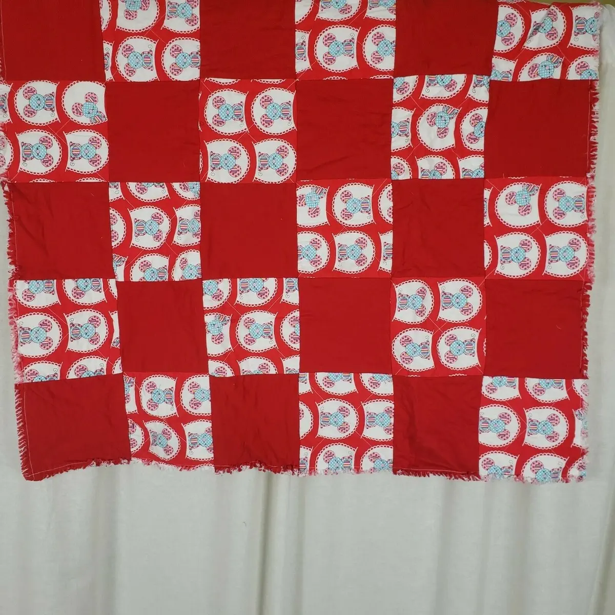 Handmade Baby Crib Quilt Blanket Play Mat Wall Art Patchwork Red Cartoon Mice 1
