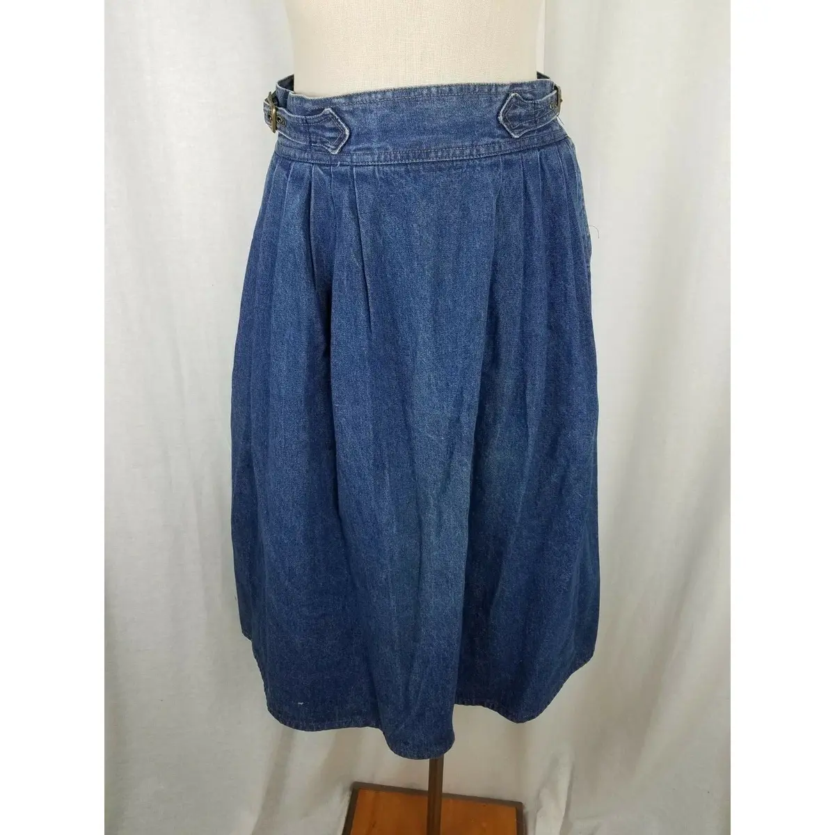 Vintage Gabriella Brazil Denim Blue Jean Swing Skirt Womens Sz 10 Pleated Buckle 1