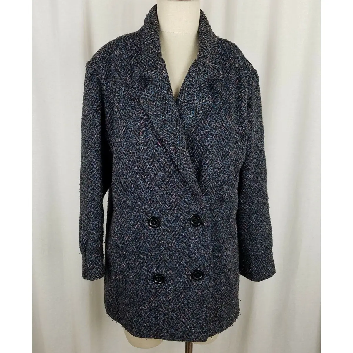 Vintage Bbi Wool Black Double Breasted Peacoat Coat Womens 10 Speckled Tweed 80S 1