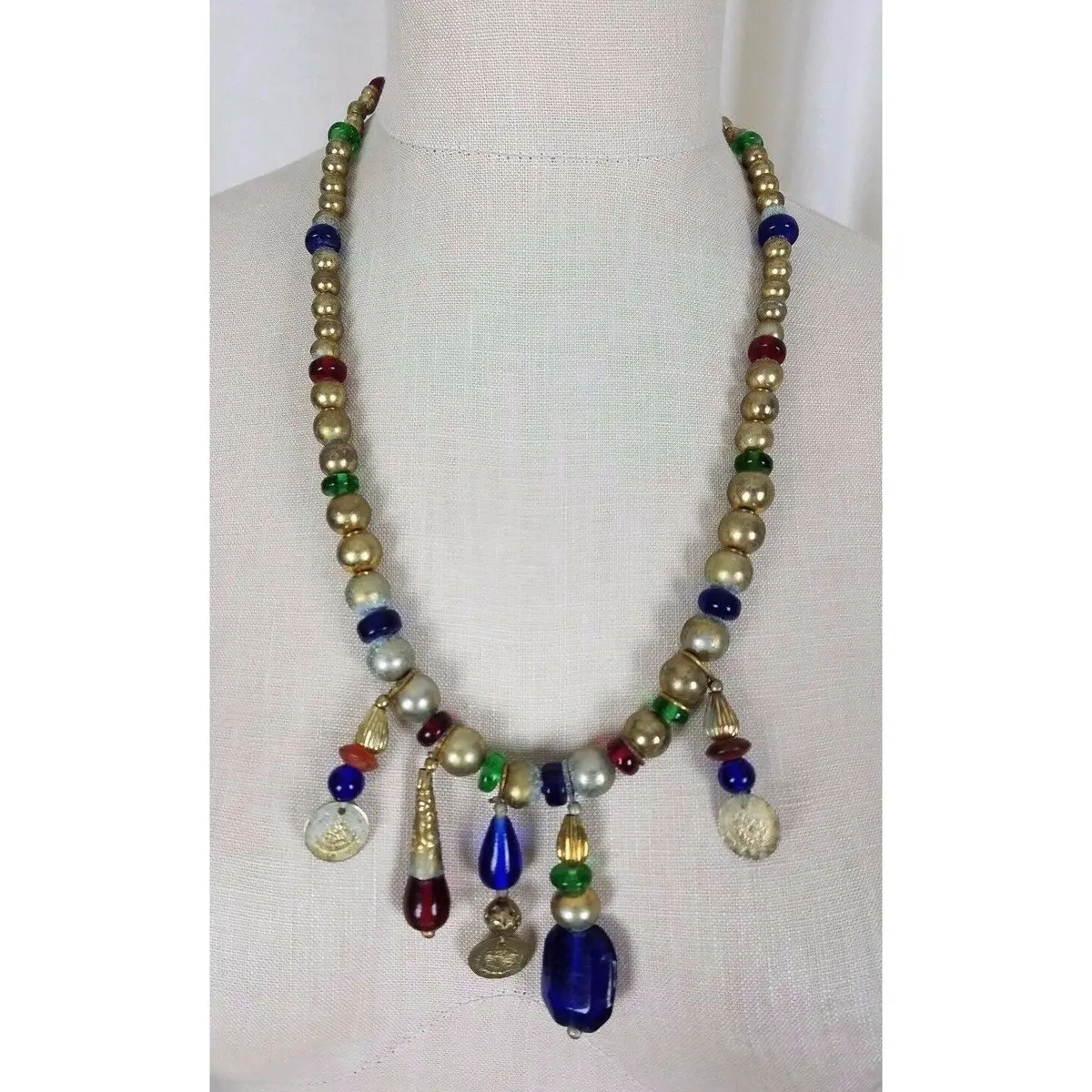 Single Strand Metal Glass Beads Pearls Gripoix Jewels Coins Gold Beaded Necklace 1