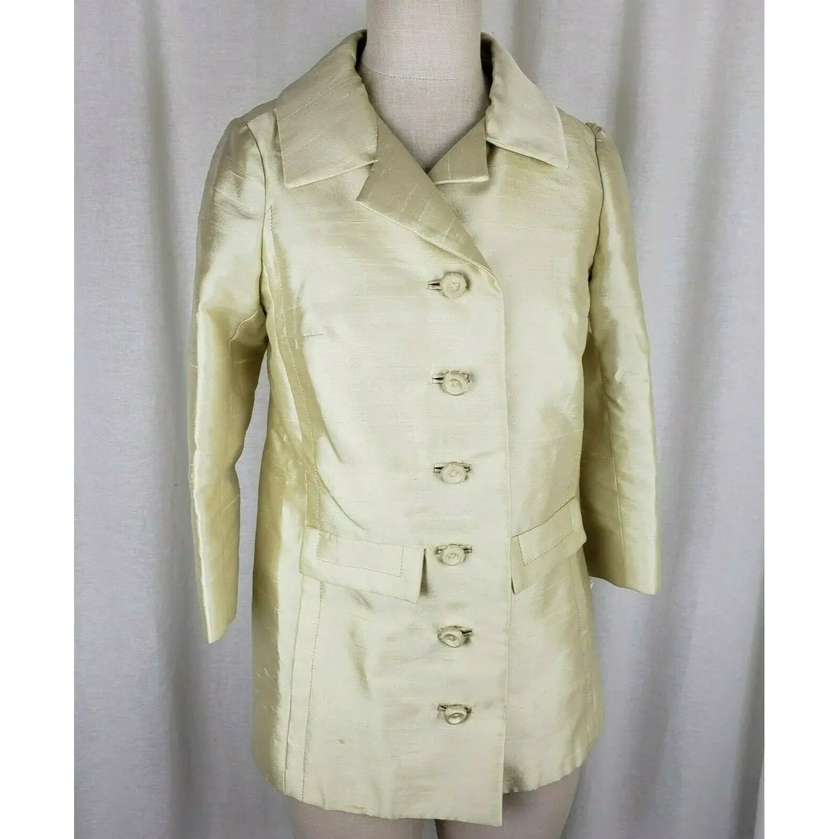 Authentic Vintage Mcm Kitsch Jackie O Union Made Satin Coat Womens M Usa Yellow 1