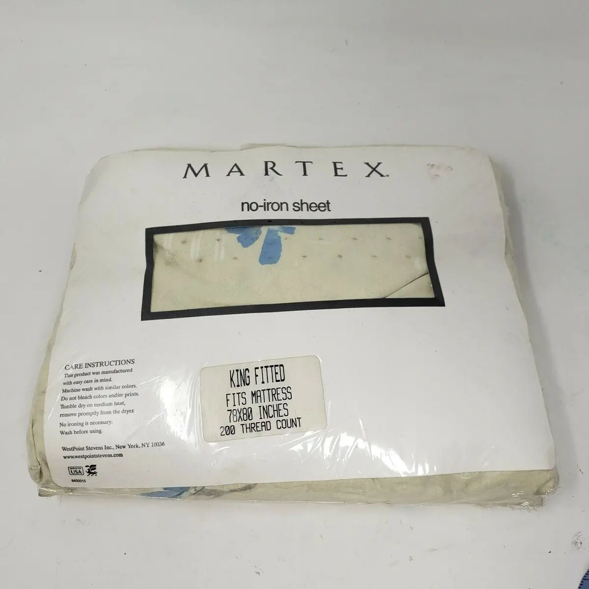 Vintage Martex No Iron Blue Floral King Fitted Sheet 78X80 Nos Westpoint Stevens 1