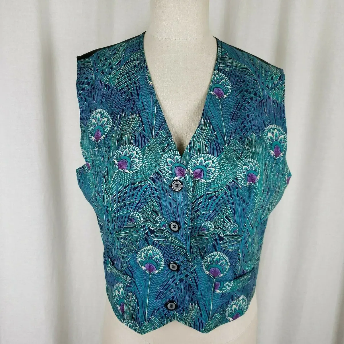 Vintage Satin Reeds Feather Asian Print Belted Dress Waistcoat Vest Womens L 1