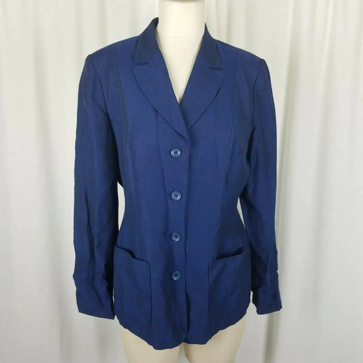 Sigrid Olsen Woven Dark Blue Button Up Jacket Blazer Womens 10 Apron Pockets 1