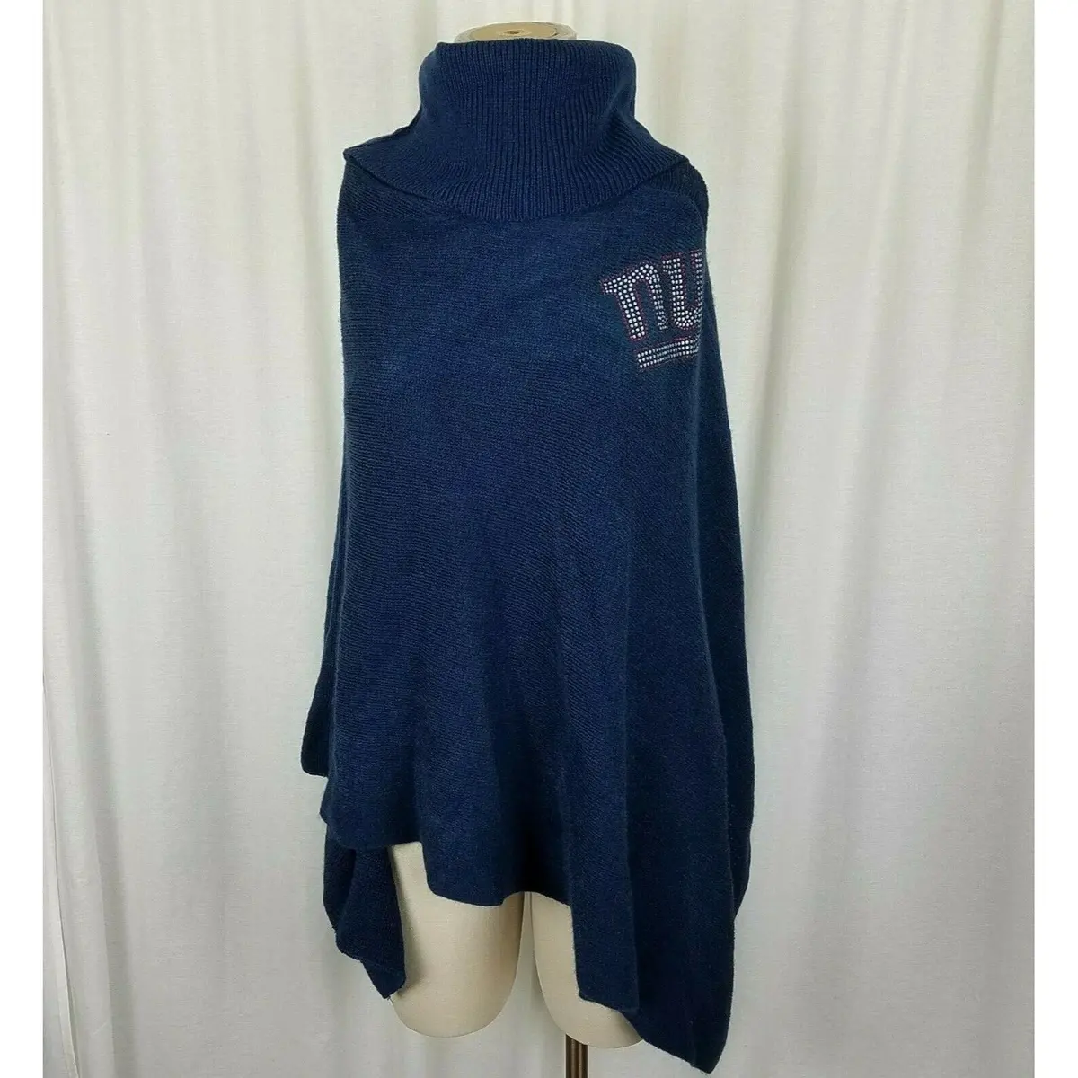New York Giants Nfl Crystal Logo Sweater Knit Poncho Cowl Neck Shawl Cape Hi/Lo 1