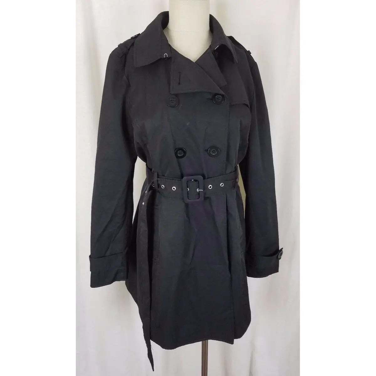 Kenneth Cole Reaction Black Double Breasted Belted Cape Top Trench Coat Womens L 1