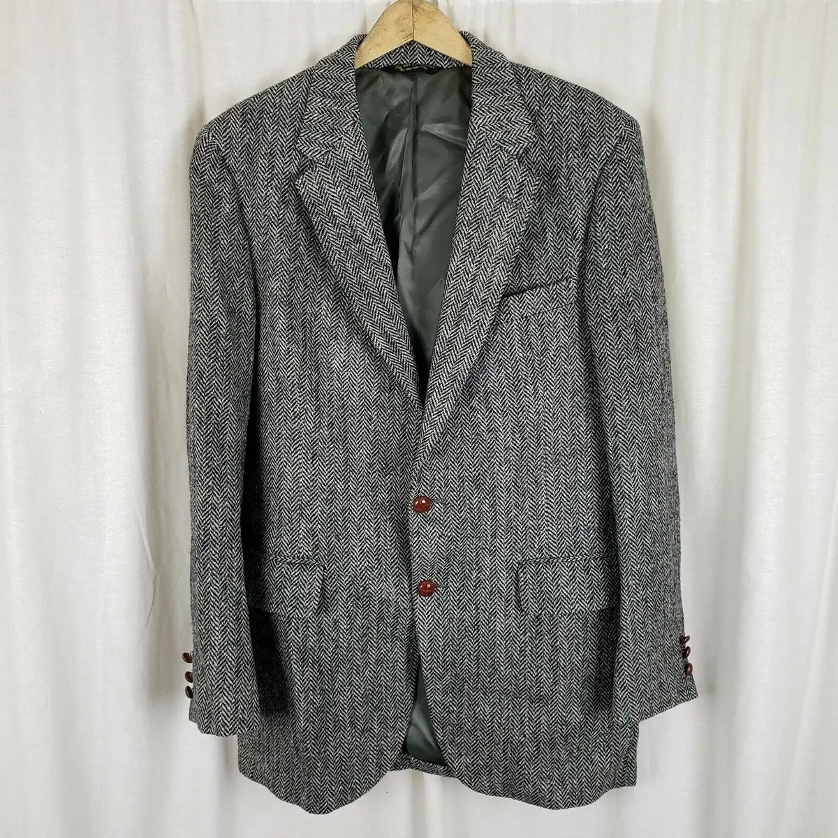 Vintage Harris Tweed Blazer Black Herringbone Wool Sport Coat Jacket Mens 42 44 1