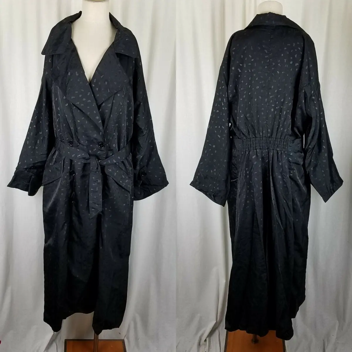 Climate Zone Black Nylon Sheen Speckled Belted Tie Spy Trench Coat Womens 16 80S 1