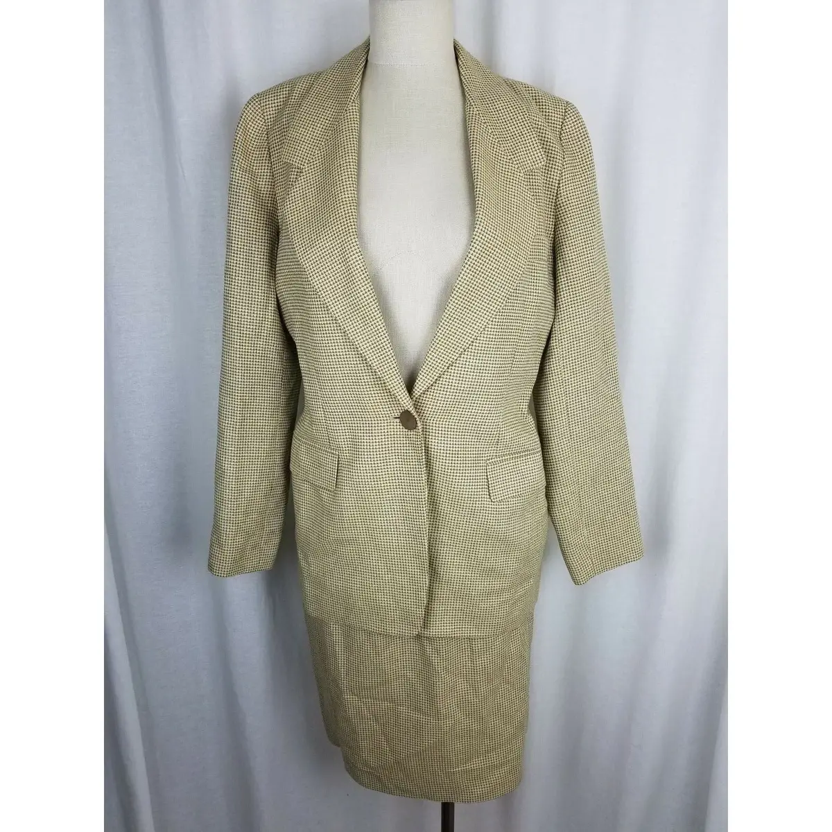 Vintage Linda Allard Ellen Tracy Silk Wool Checked Blazer Skirt Suit Womens 8 1