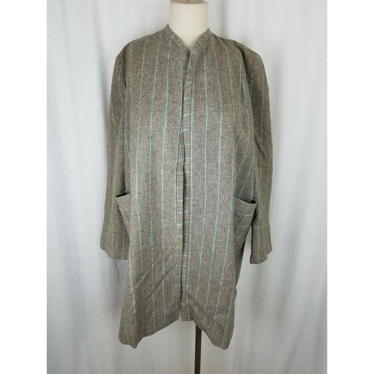 Vintage Handmade Open Front Wrap Collarless Pinstriped Long Coat Jacket Womens L 1