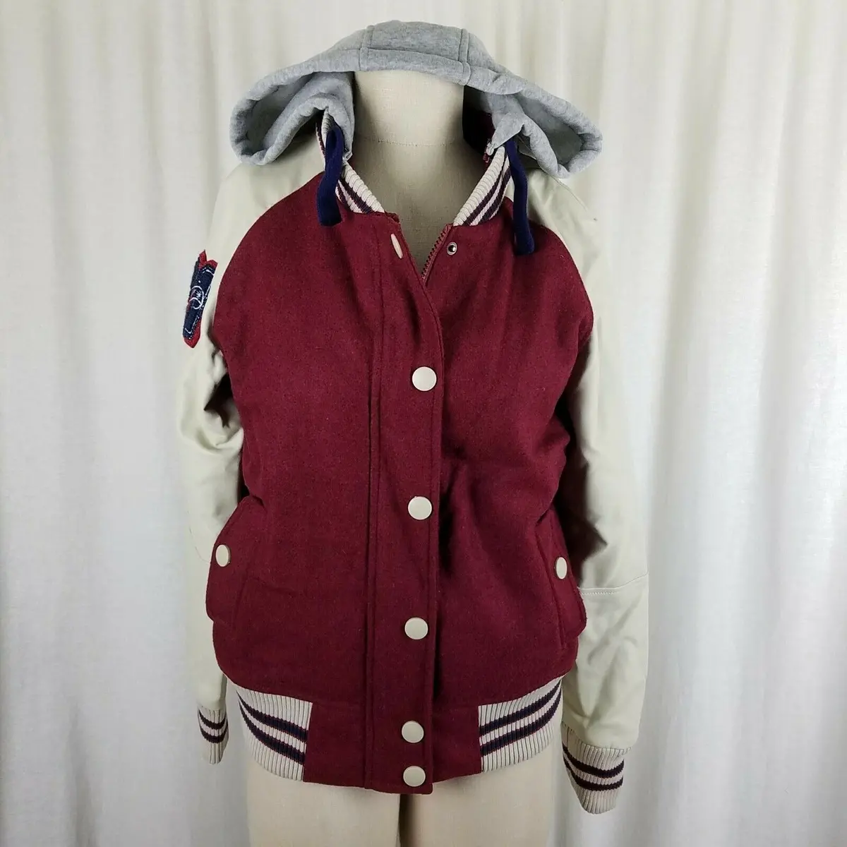Delia's Hooded Wool Faux Leather Sleeves Varsity Bomber Baseball Jacket Womens L 1