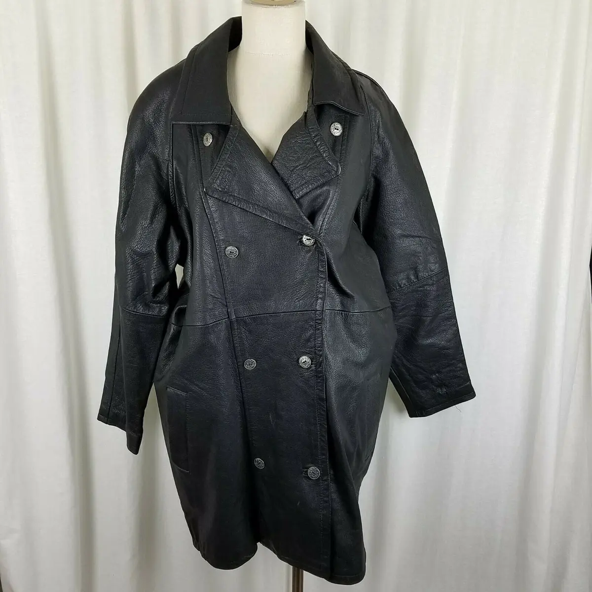 Vintage Workers For Freedom London Black Leather Double Breasted Coat Womens 16 1