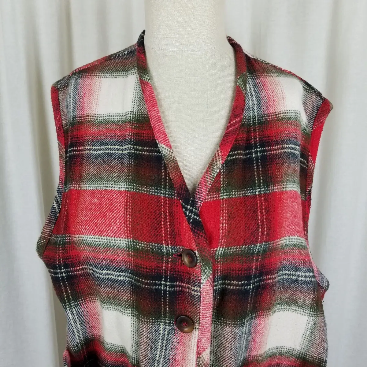 Vintage Cenza Wool Button Up Buffalo Shadow Plaid Vest Womens M Red Black White 2